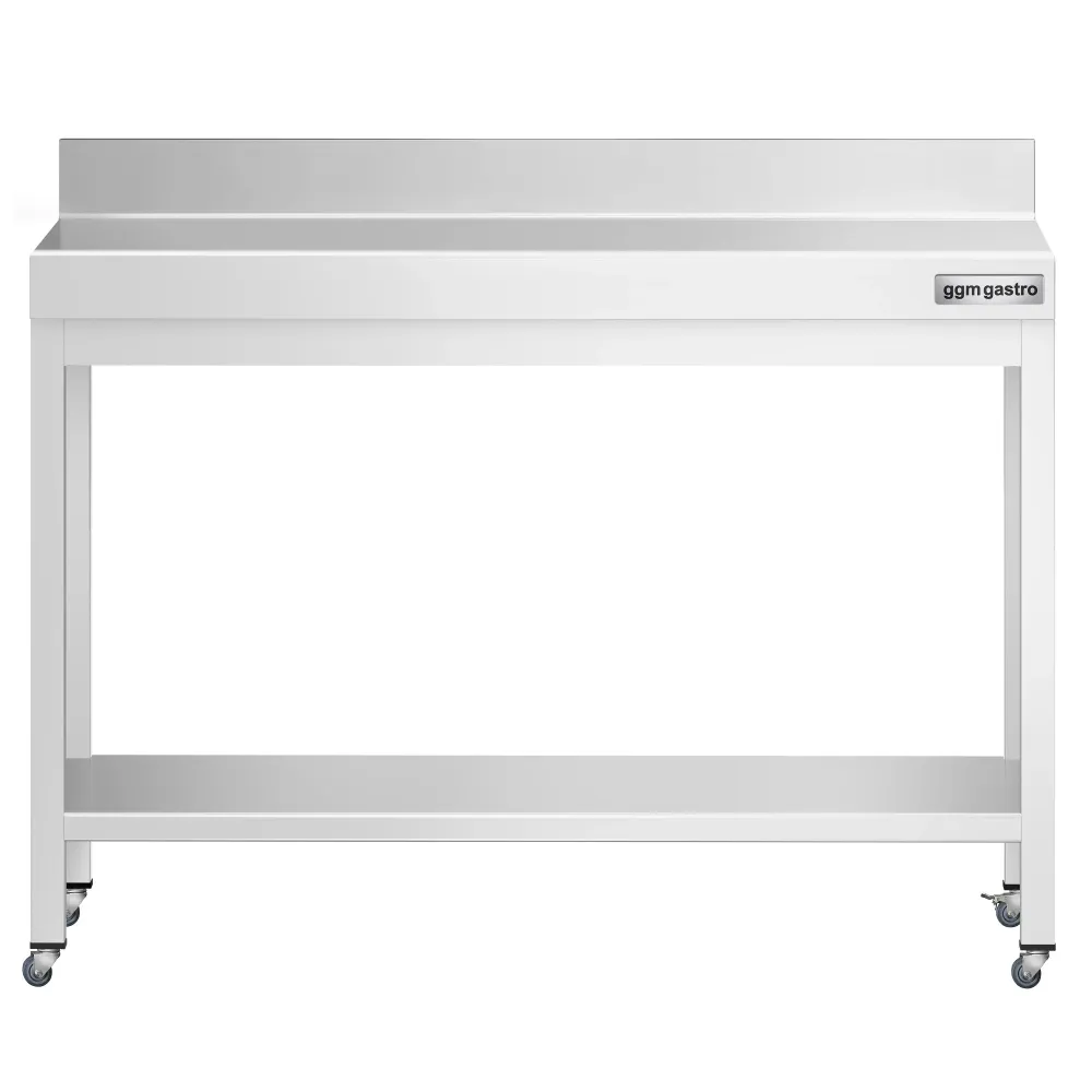 Работна маса PREMIUM от неръждаема стомана - 1000x700mm - с основа, стойка и колелца