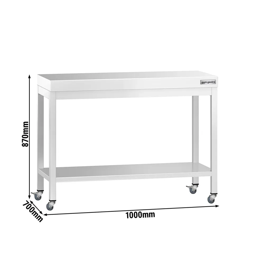 Работна маса PREMIUM от неръждаема стомана - 1000x700mm - с основа и колелца