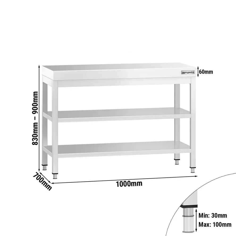 Маса от неръждаема стомана PREMIUM - 1000x700mm - с основен рафт и междинен рафт