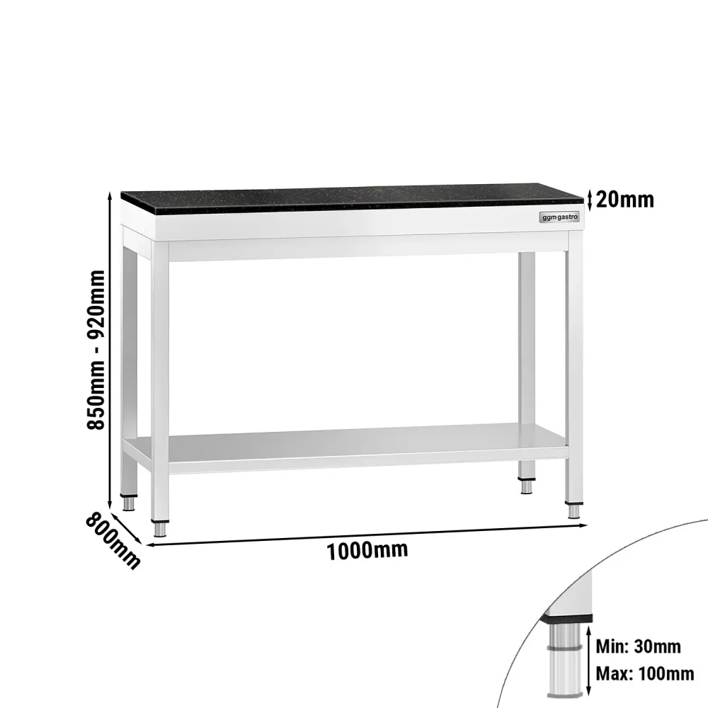 Маса от неръждаема стомана PREMIUM - 1000x800mm - с основен рафт - с включен плот от гранит