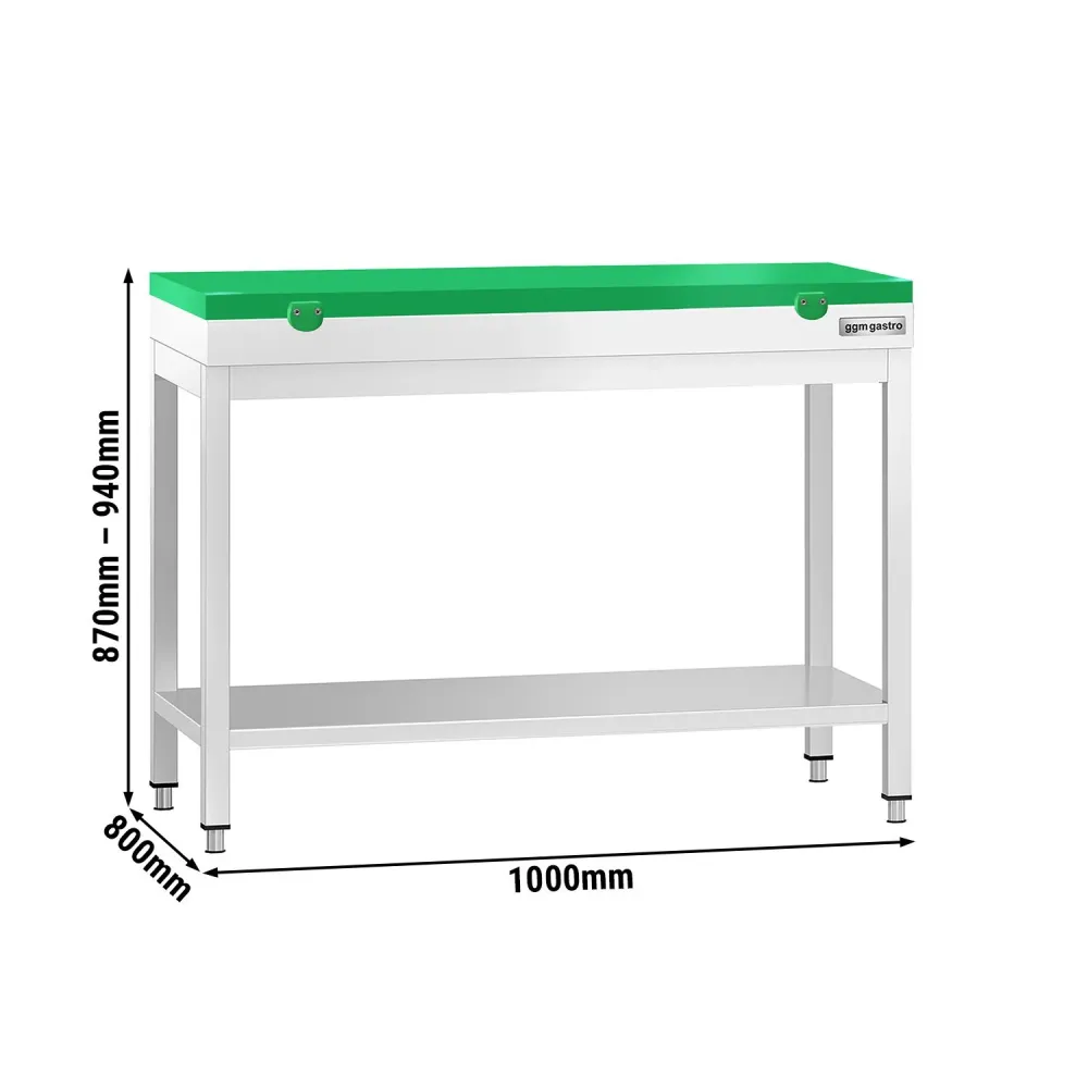 Маса от неръждаема стомана PREMIUM - 1000x800mm - с основен рафт - с включена дъска за рязане - зелена