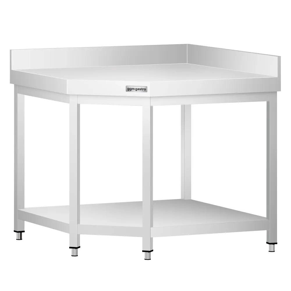 Ъглова работна маса от неръждаема стомана PREMIUM - 1150x800mm - с основен рафт и борд отзад