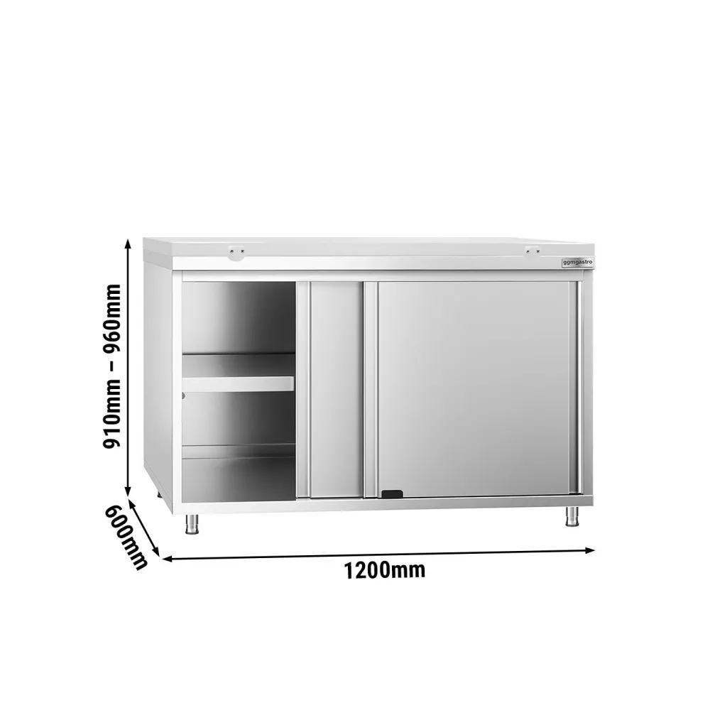 Професионален Работен шкаф от неръждаема стомана PREMIUM - 1200x600mm - с плъзгащи се врати - вкл. Дъска за рязане за меса...