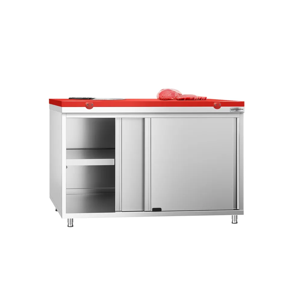 Професионален Работен шкаф от неръждаема стомана PREMIUM - 1200x600mm - с плъзгащи се врати - вкл. Дъска за рязане за меса...