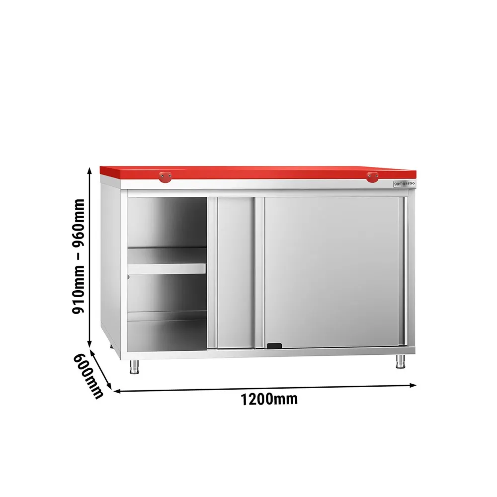 Професионален Работен шкаф от неръждаема стомана PREMIUM - 1200x600mm - с плъзгащи се врати - вкл. Дъска за рязане за меса...