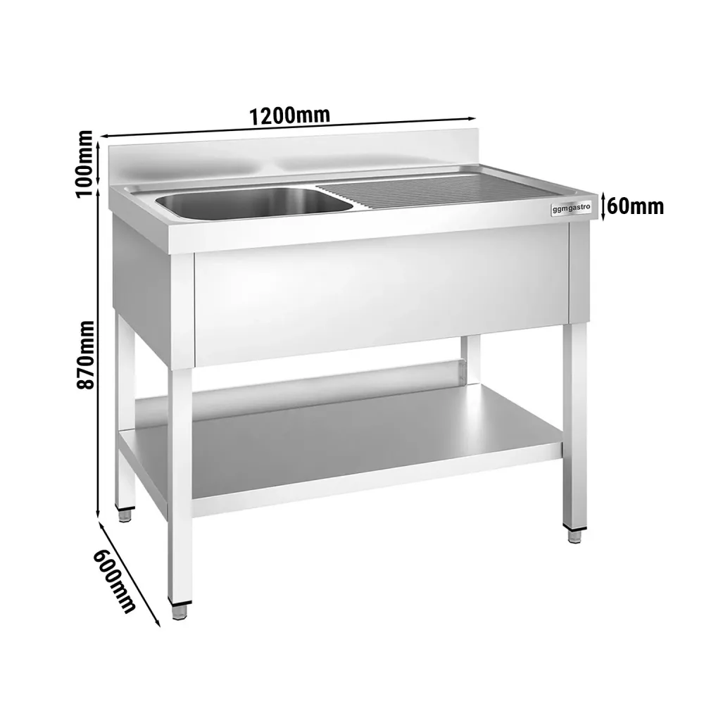 Професионална мивка от неръждаема стомана PREMIUM - 1200x600mm - с долен рафт - с 1 корито вляво