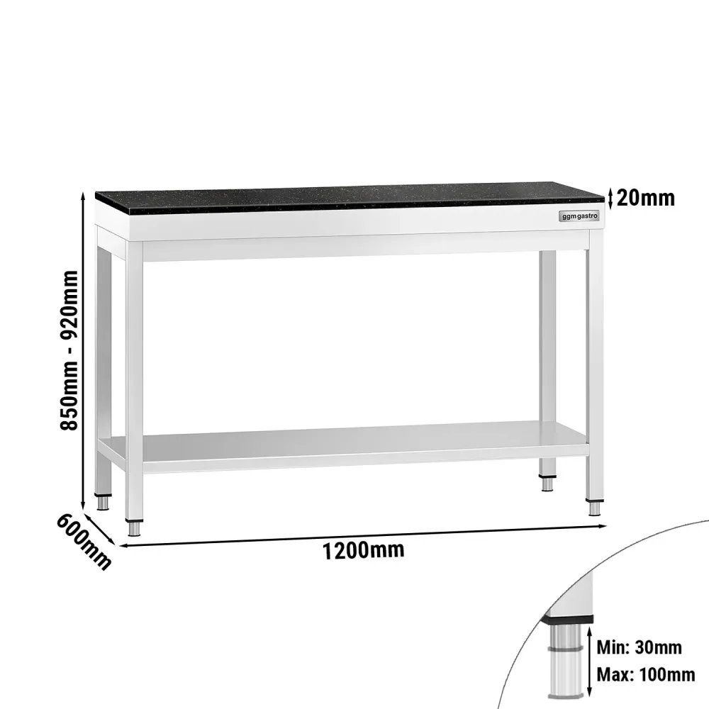 Маса от неръждаема стомана PREMIUM - 1200x600mm - с основен рафт - с включен плот от гранит