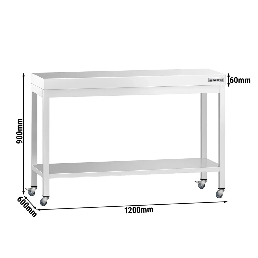Работна маса PREMIUM от неръждаема стомана - 1200x600mm - с основа и колелца