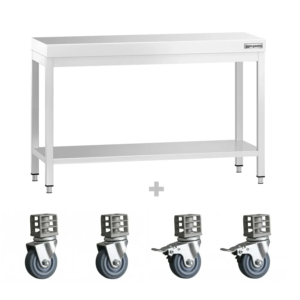 Работна маса PREMIUM от неръждаема стомана - 1200x600mm - с основа и колелца