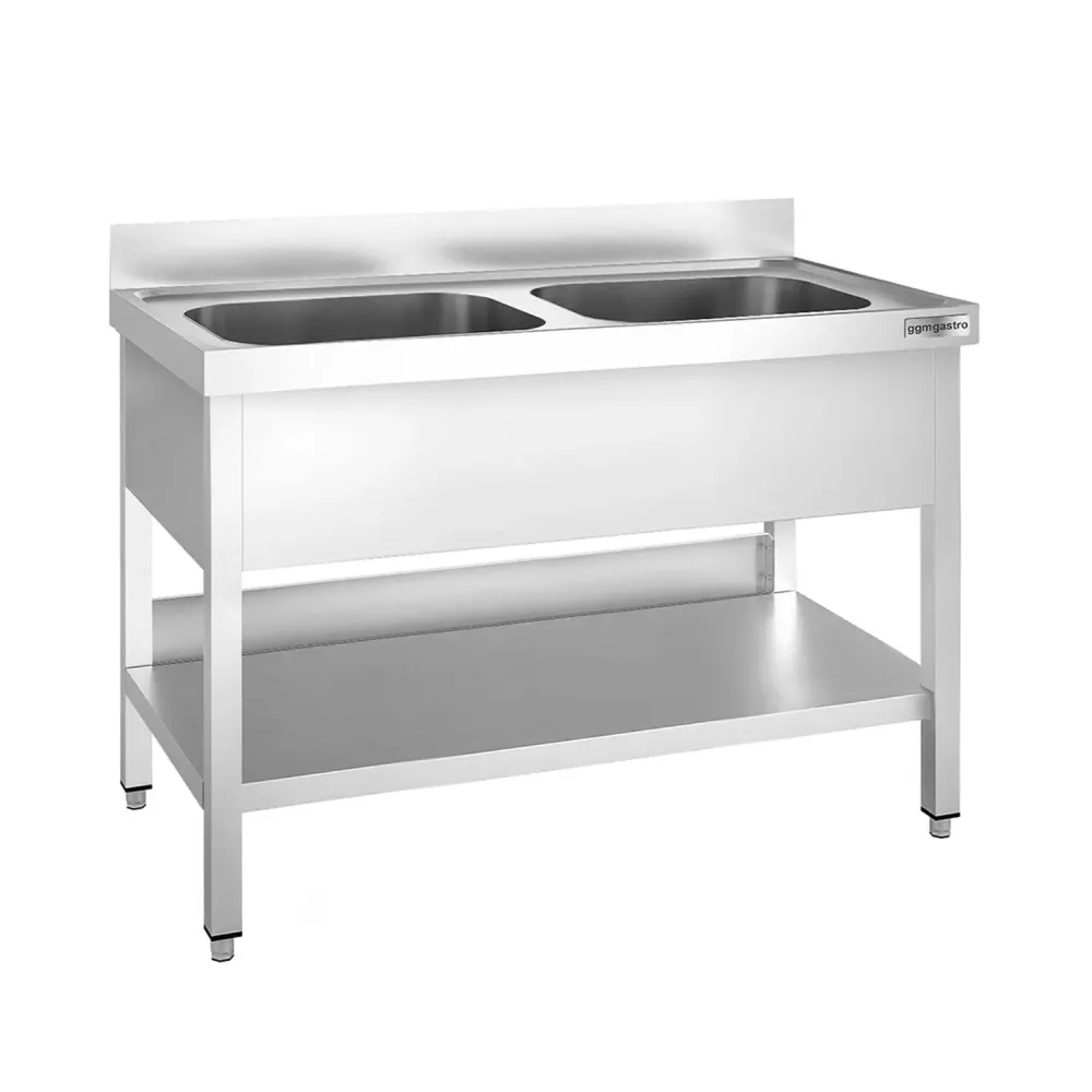 Професионална мивка от неръждаема стомана PREMIUM - 1200x600mm - с долен рафт - с 2 корита централно