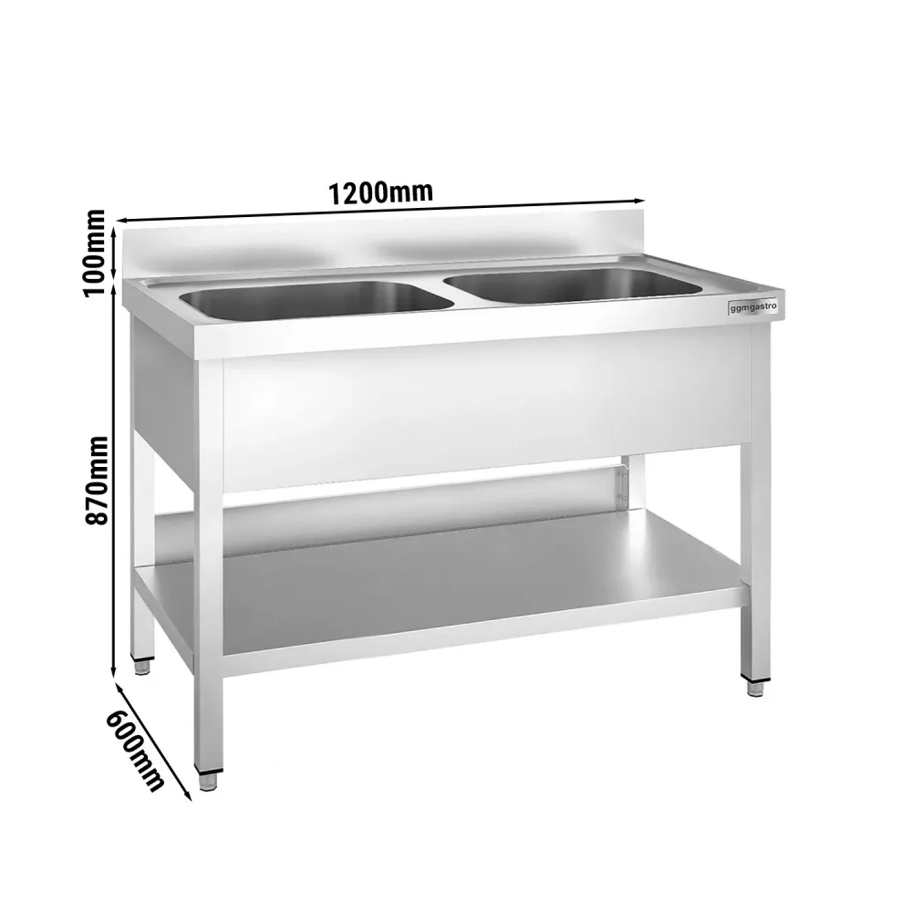 Професионална мивка от неръждаема стомана PREMIUM - 1200x600mm - с долен рафт - с 2 корита централно
