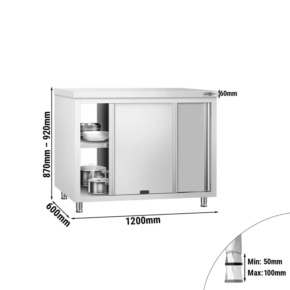 Професионален Работен шкаф от неръждаема стомана PREMIUM - 1200x600mm - с плъзгащи се врати | проходна конструкция | межди...