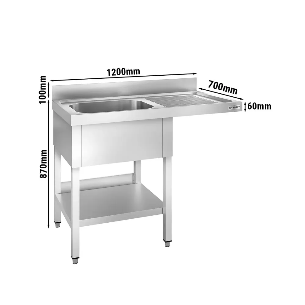 Маса за миялна машина PREMIUM - 1200x700mm - с 1 корито вляво - със заден борд 100mm - корито 400x500x250mm - с долен рафт