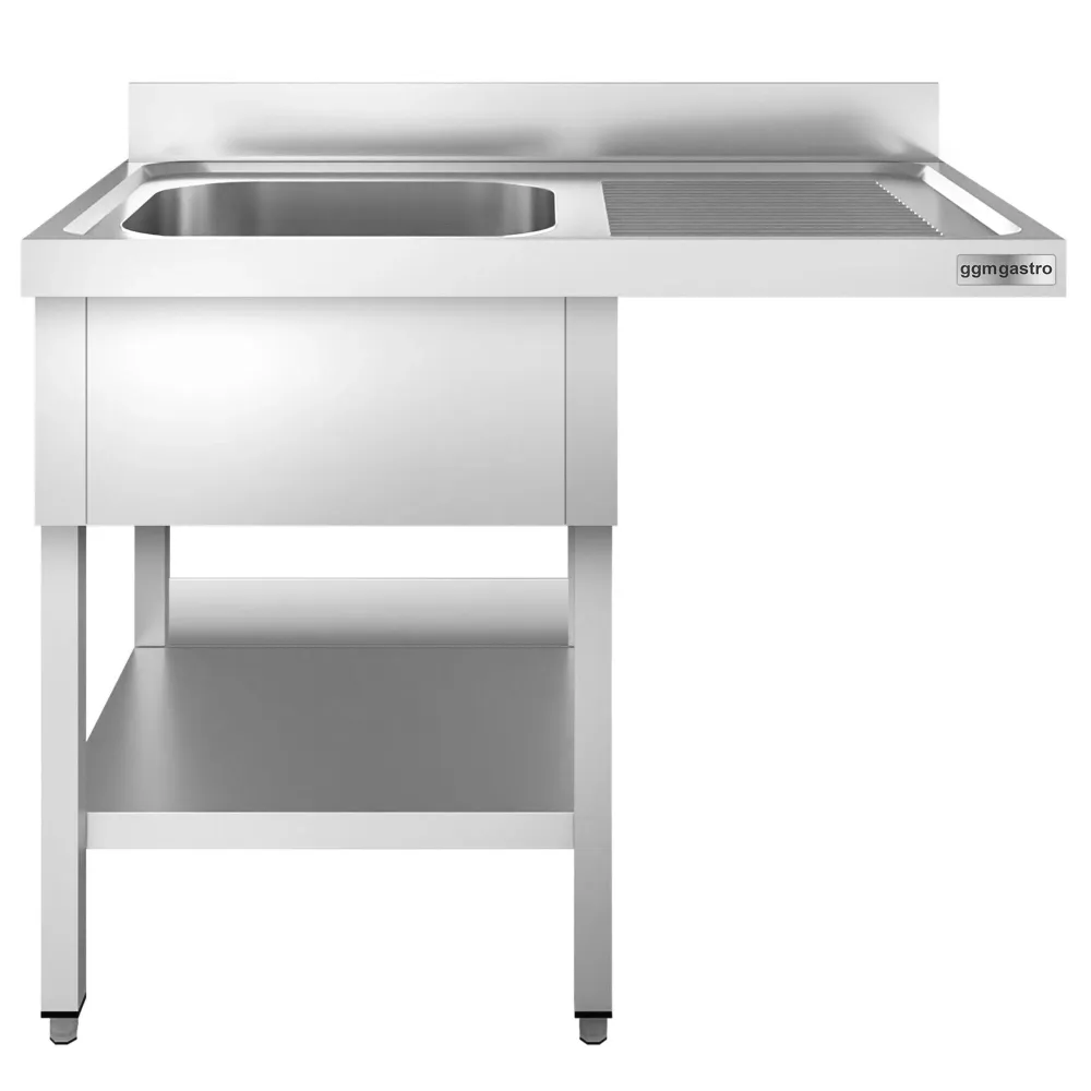 Маса за миялна машина PREMIUM - 1200x700mm - с 1 корито вляво - със заден борд 100mm - корито 400x500x250mm - с долен рафт