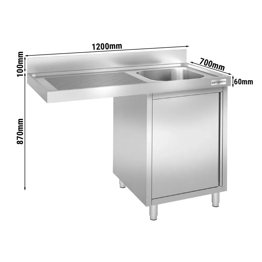 Мивка-шкаф за миялна зона PREMIUM - 1200x700mm - с 1 корито вдясно - с борд 100mm - корито 40x50cm - AISI 304