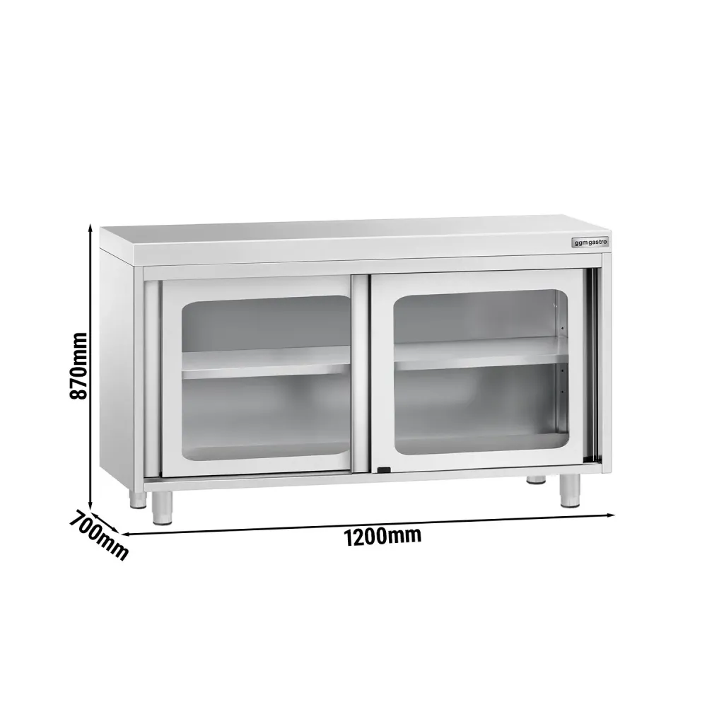 Професионален Работен шкаф от неръждаема стомана PREMIUM - 1200x700mm - с плъзгащи стъклени врати | междинен рафт