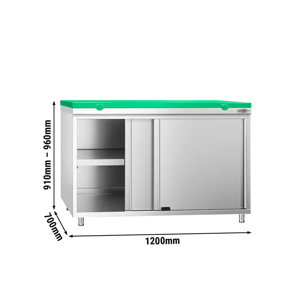 Професионален Работен шкаф от неръждаема стомана PREMIUM - 1200x700mm - с плъзгащи се врати - вкл. Дъска за рязане за меса...