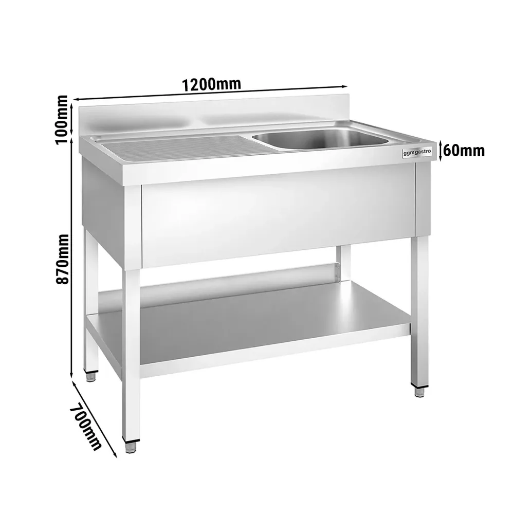 Професионална мивка от неръждаема стомана PREMIUM - 1200x700mm - с долен рафт - с 1 корито вдясно