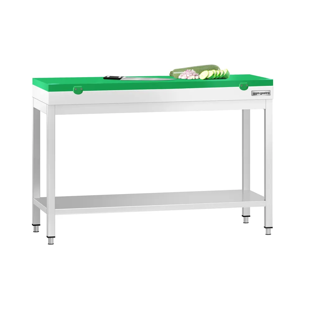 Маса от неръждаема стомана PREMIUM - 1200x700mm - с основен рафт - с включена дъска за рязане - зелена