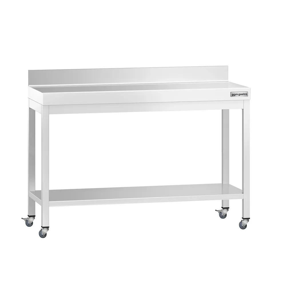 Работна маса PREMIUM от неръждаема стомана - 1200x700mm - с основа, стойка и колелца
