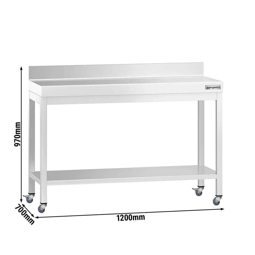 Работна маса PREMIUM от неръждаема стомана - 1200x700mm - с основа, стойка и колелца