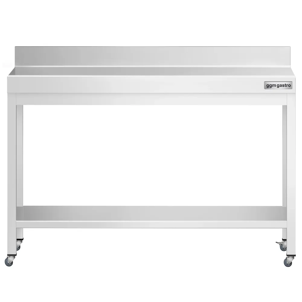 Работна маса PREMIUM от неръждаема стомана - 1200x700mm - с основа, стойка и колелца