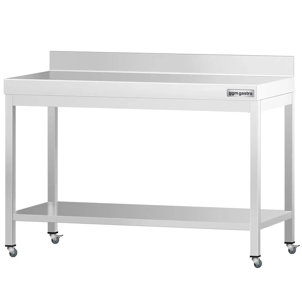 Работна маса PREMIUM от неръждаема стомана - 1200x700mm - с основа, стойка и колелца