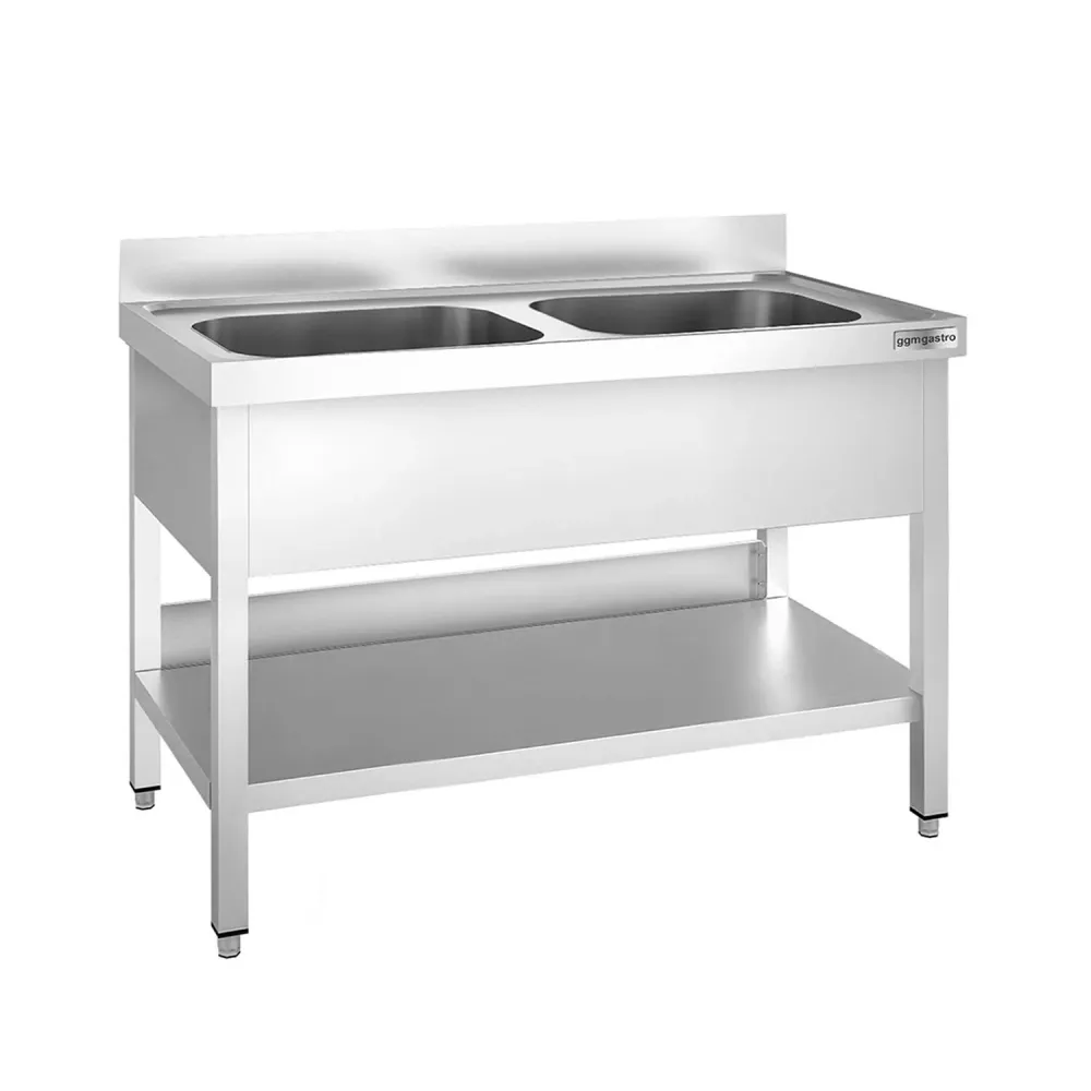 Професионална мивка от неръждаема стомана PREMIUM - 1200x700mm - с долен рафт - с 2 корита централно