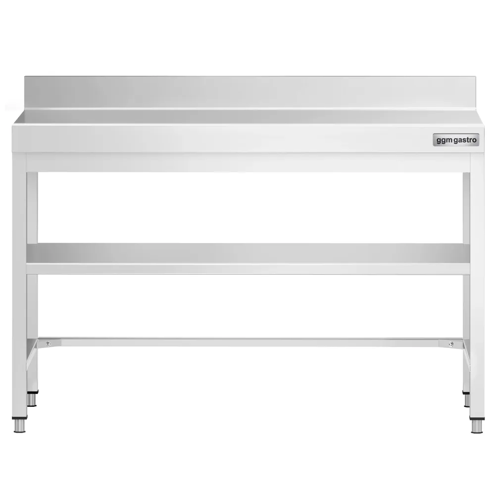 Маса от неръждаема стомана PREMIUM - 1200x700mm - с основен рафт и борд отзад и междинен рафт и укрепваща връзка