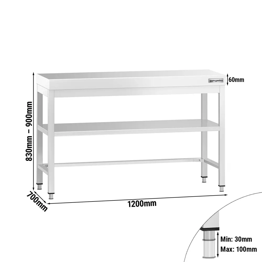 Маса от неръждаема стомана PREMIUM - 1200x700mm - с основен рафт и укрепваща връзка