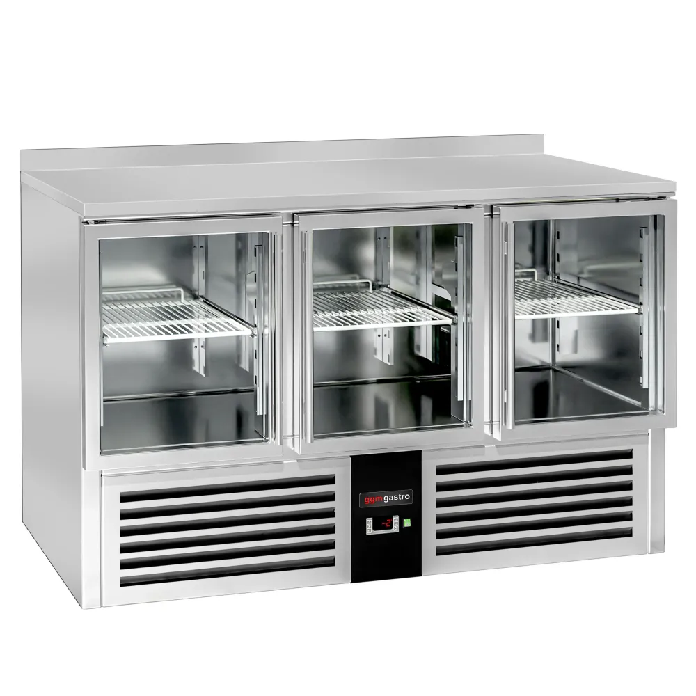Професионална хладилна маса PREMIUM - 1368x700mm - с 3 стъклени врати - GN 1/1 - с гръб 100мм - вграден агрегат