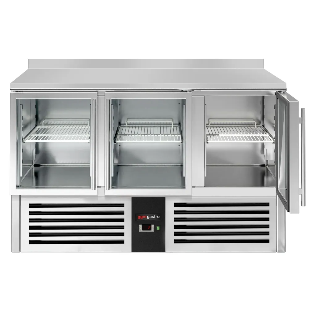 Професионална хладилна маса PREMIUM - 1368x700mm - с 3 стъклени врати - GN 1/1 - с гръб 100мм - вграден агрегат