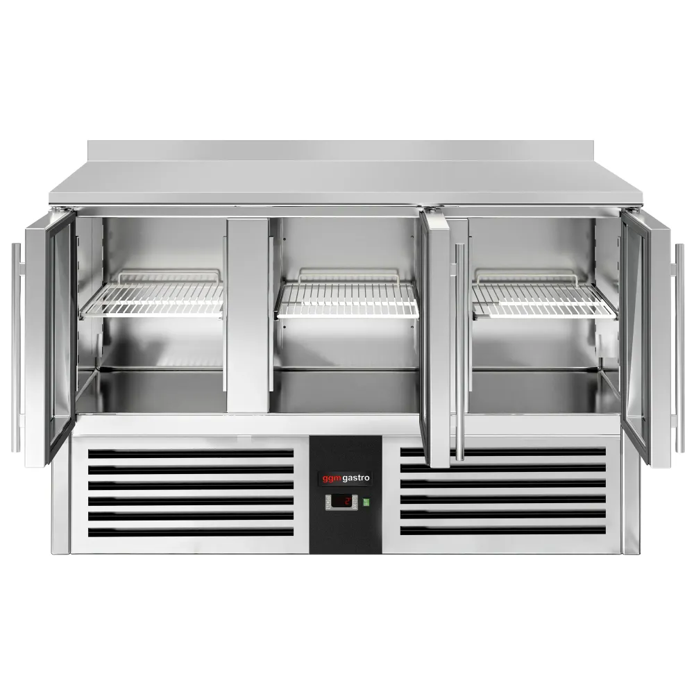 Професионална хладилна маса PREMIUM - 1368x700mm - с 3 стъклени врати - GN 1/1 - с гръб 100мм - вграден агрегат