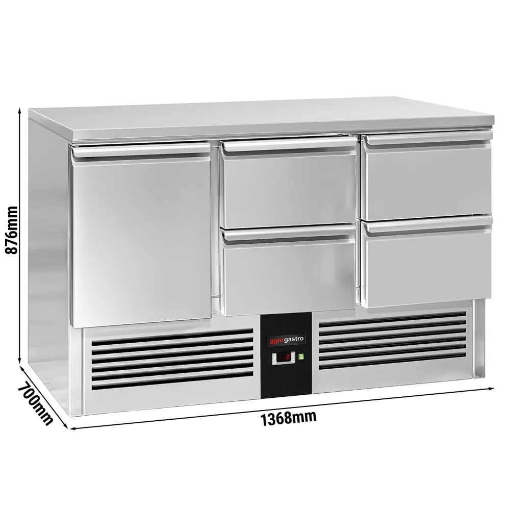Професионална хладилна маса PREMIUM - 1368x700mm - с 1 врата - 4 чекмеджета - GN 1/1 - вграден агрегат