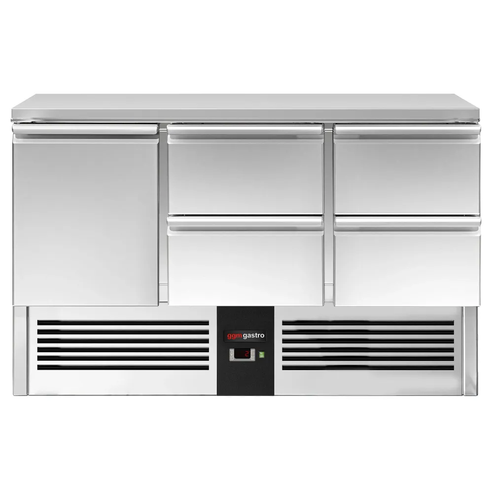 Професионална хладилна маса PREMIUM - 1368x700mm - с 1 врата - 4 чекмеджета - GN 1/1 - вграден агрегат