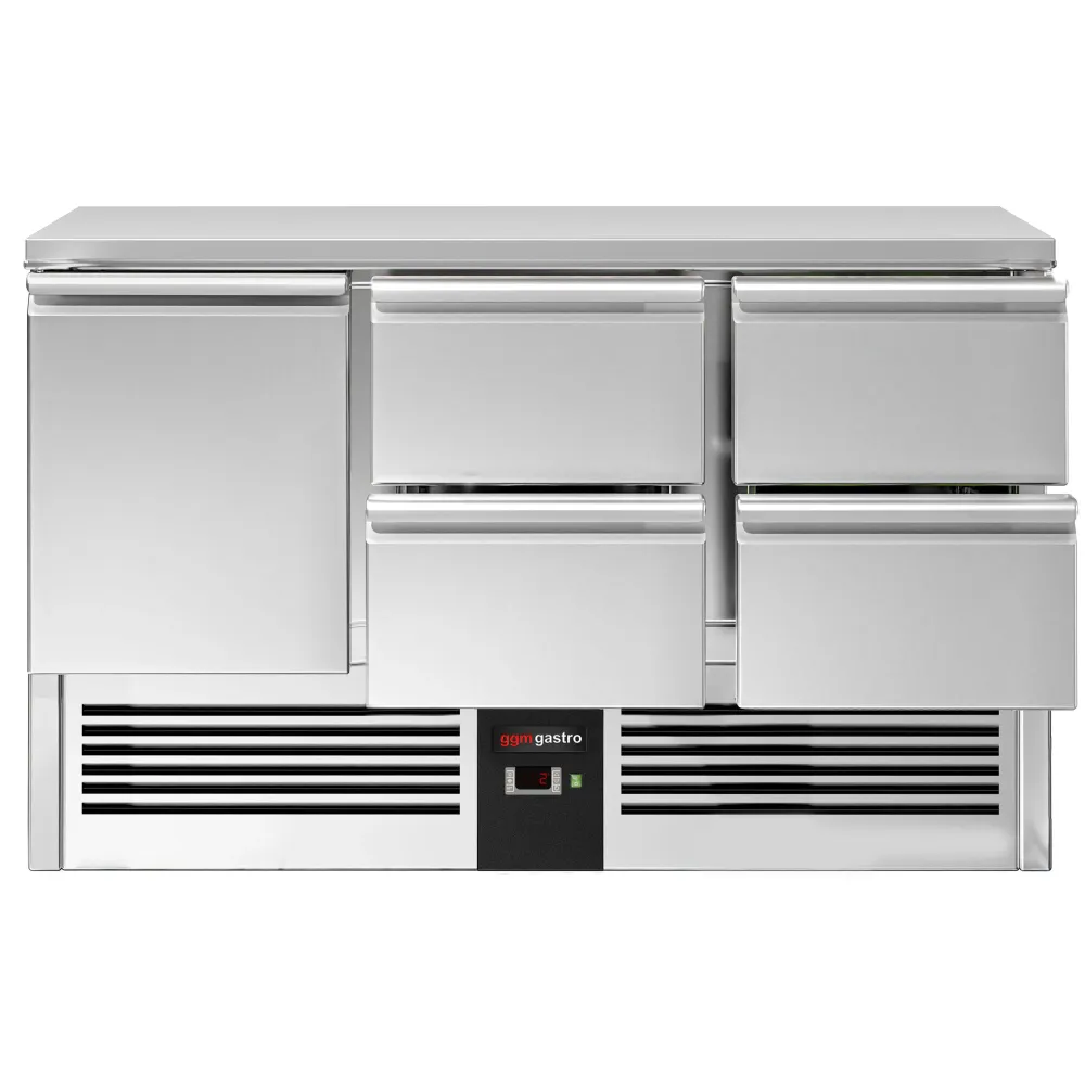 Професионална хладилна маса PREMIUM - 1368x700mm - с 1 врата - 4 чекмеджета - GN 1/1 - вграден агрегат
