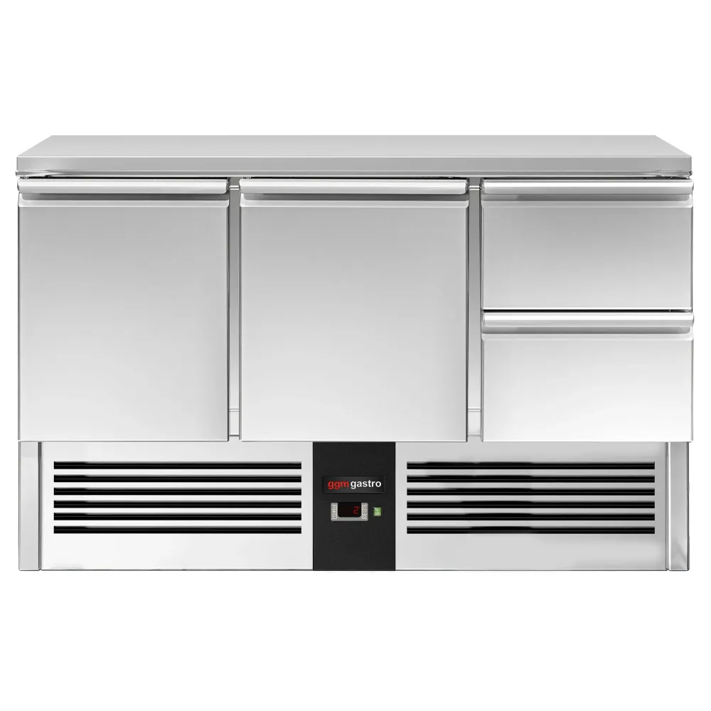 Професионална хладилна маса PREMIUM - 1368x700mm - с 2 врати - 2 чекмеджета - GN 1/1 - вграден агрегат