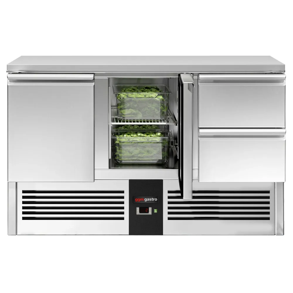 Професионална хладилна маса PREMIUM - 1368x700mm - с 2 врати - 2 чекмеджета - GN 1/1 - вграден агрегат
