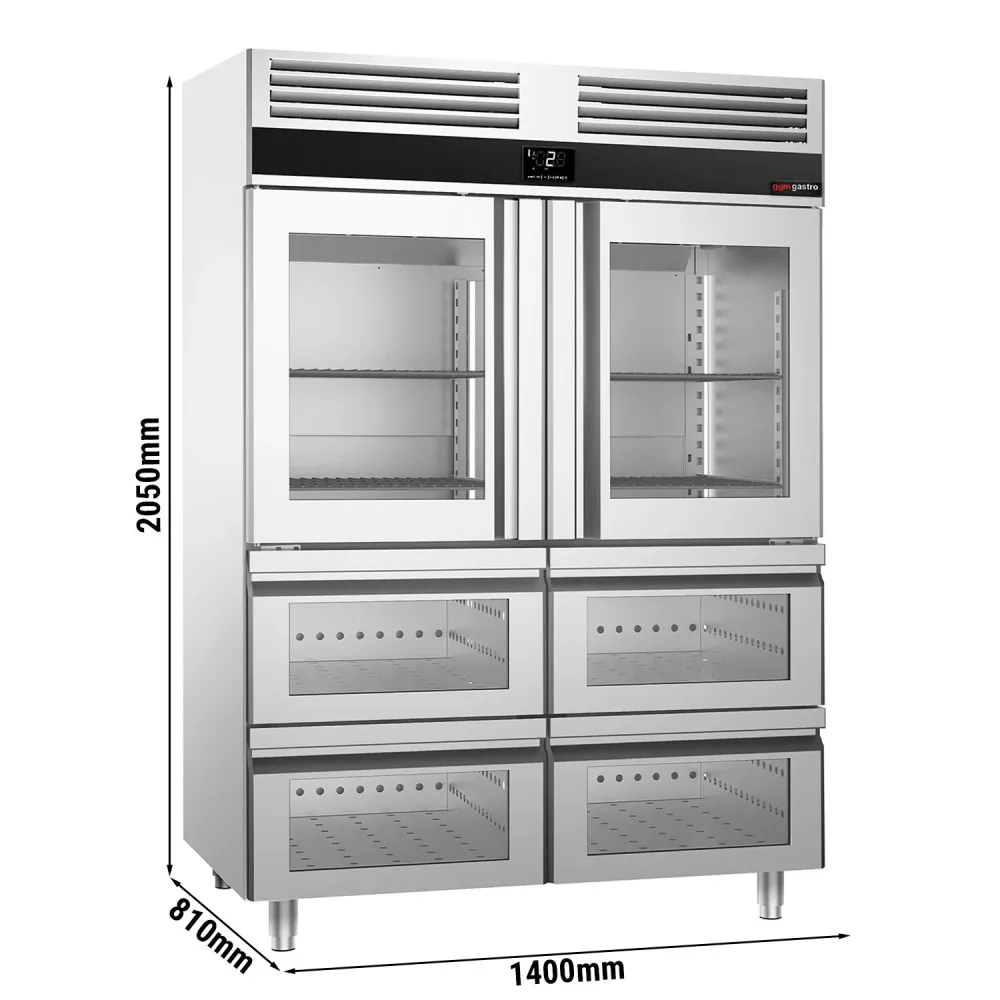 Хладилен шкаф със стъклена врата PREMIUM - GN 2/1 - 1400 литра - с 2 стъклени врати & 4 чекмеджета
