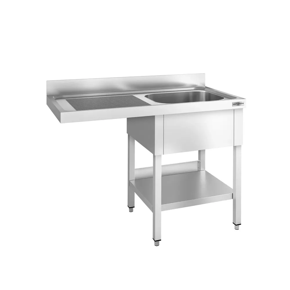 Маса за миялна машина PREMIUM - 1400x600mm - с 1 корито вдясно - със заден борд 100mm - корито 500x400x250mm - с долен рафт