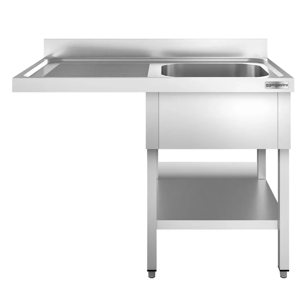 Маса за миялна машина PREMIUM - 1400x600mm - с 1 корито вдясно - със заден борд 100mm - корито 500x400x250mm - с долен рафт