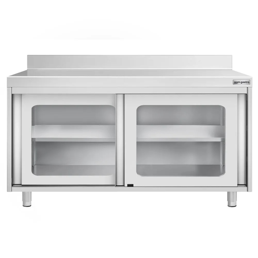 Професионален Работен шкаф от неръждаема стомана PREMIUM - 1400x600mm - с плъзгащи стъклени врати & Борд