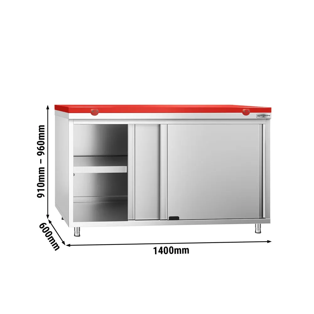 Професионален Работен шкаф от неръждаема стомана PREMIUM - 1400x600mm - с плъзгащи се врати - вкл. Дъска за рязане за меса...