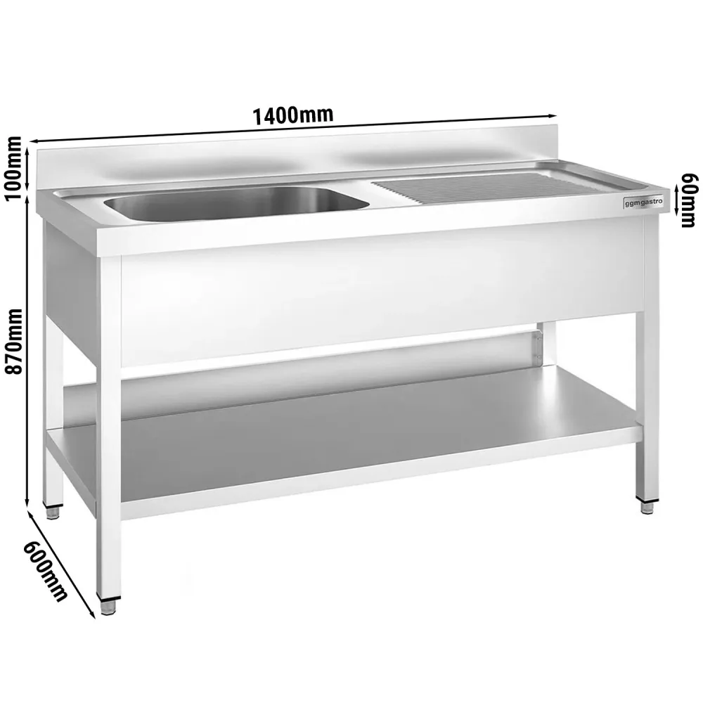 Професионална мивка от неръждаема стомана PREMIUM - 1400x600mm - с долен рафт - с 1 корито вляво