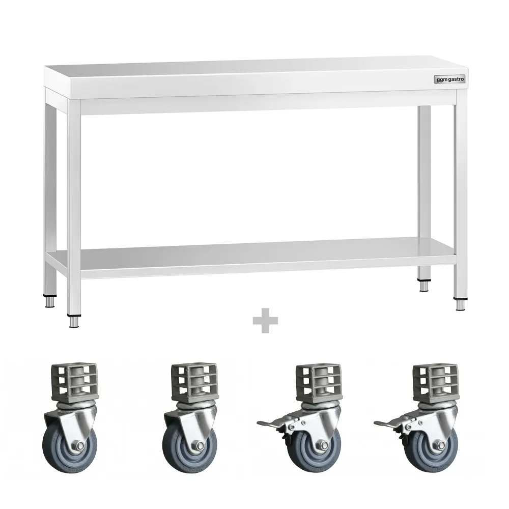 Работна маса PREMIUM от неръждаема стомана - 1400x600mm - с основа и колелца