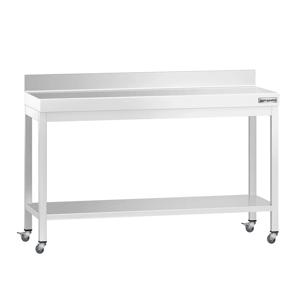 Работна маса PREMIUM от неръждаема стомана - 1400x600mm - с основа, стойка и колелца