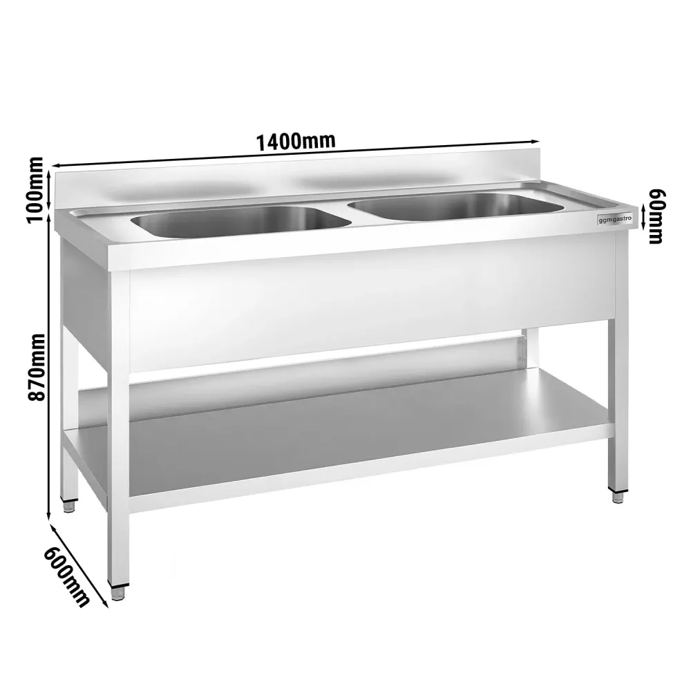 Професионална мивка от неръждаема стомана PREMIUM - 1400x600mm - с долен рафт - с 2 корита централно
