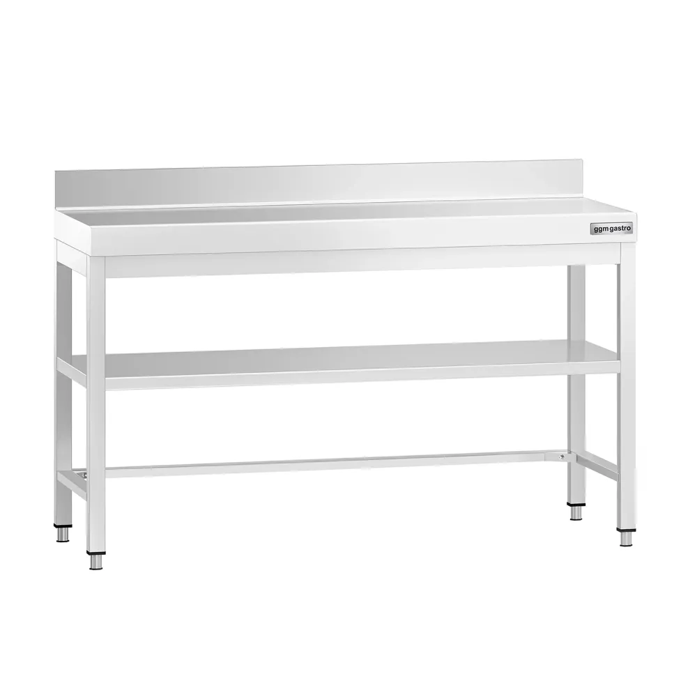 Маса от неръждаема стомана PREMIUM - 1400x600mm - с основен рафт и борд отзад и укрепваща връзка