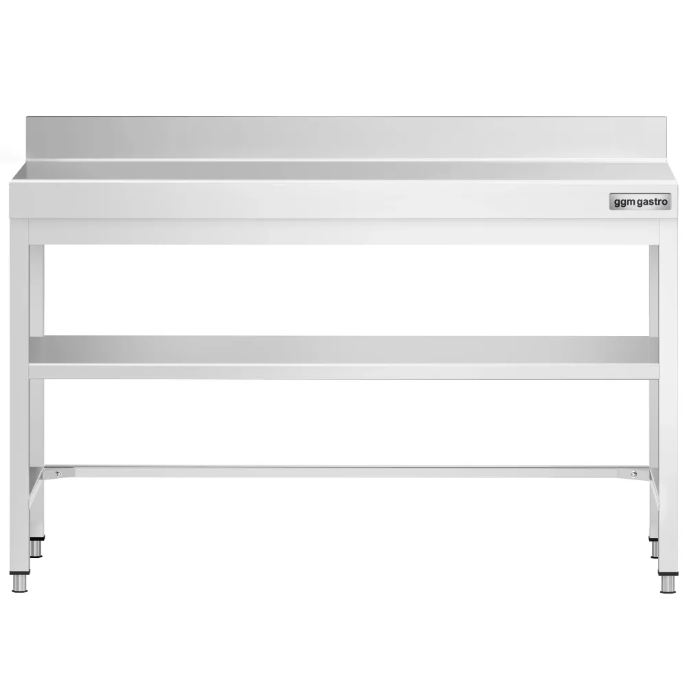 Маса от неръждаема стомана PREMIUM - 1400x600mm - с основен рафт и борд отзад и укрепваща връзка