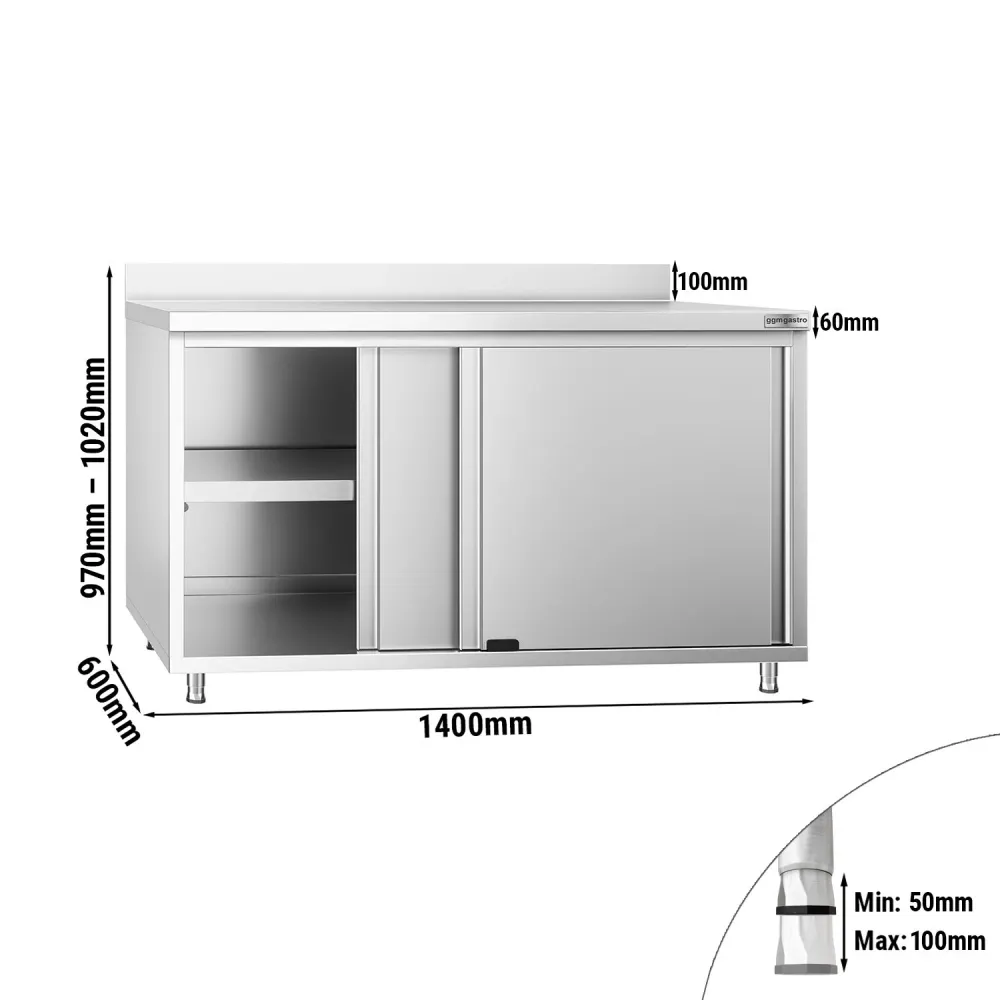 Професионален Работен шкаф от неръждаема стомана PREMIUM - 1400x600mm - с плъзгащи се врати & Борд